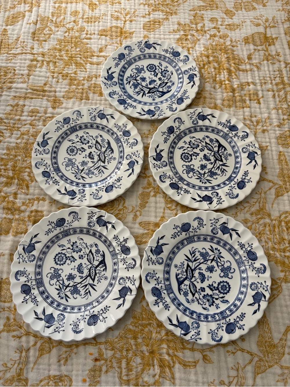 Blue Floral Scalloped Ceramic Dessert Plates - Set of 5